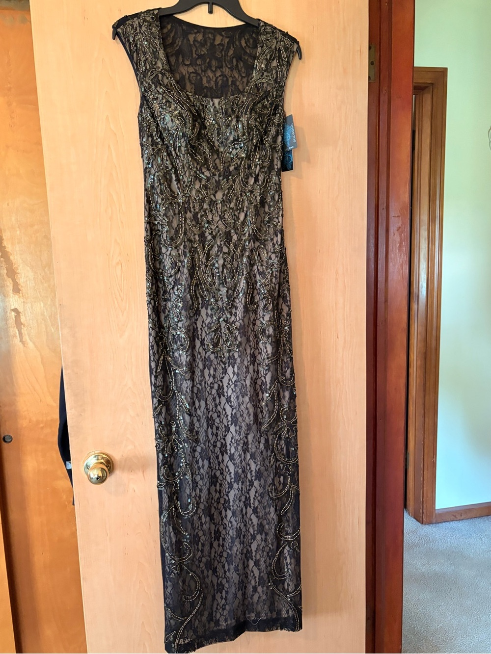 Sue Wong Black Lace Maxi Dress with Gold Beading